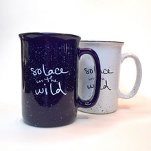 Load image into Gallery viewer, Solace in the Wild ceramic mugs in blue and white with retro speckle campfire style